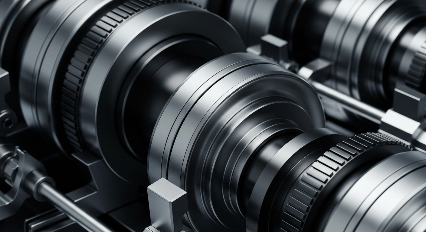 An extreme close-up of intricate, metallic banking machinery and components, conveying a sense of the secure, industrial foundations of the financial industry without using any literal currency or stock market imagery.