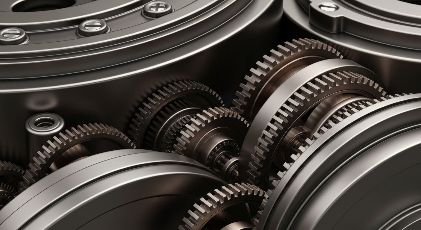 An extreme close-up of highly detailed, industrial-grade banking machinery and gears in a moody, cinematic lighting setup, conveying a sense of institutional power and financial infrastructure without using any literal currency or charts.