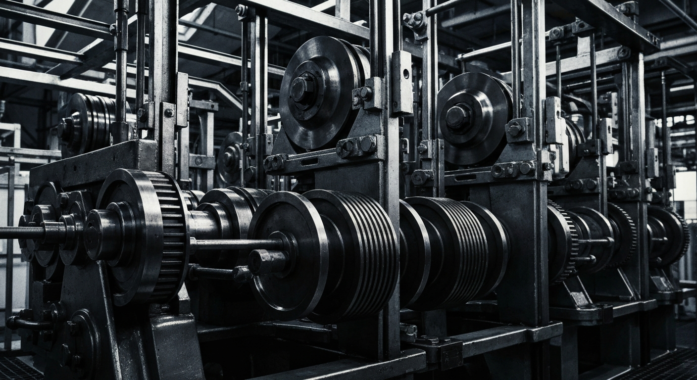 An extreme close-up of the complex inner workings of a Nike shoe factory, with gears, pulleys, and other heavy industrial components filling the frame in a dramatic, cinematic style.