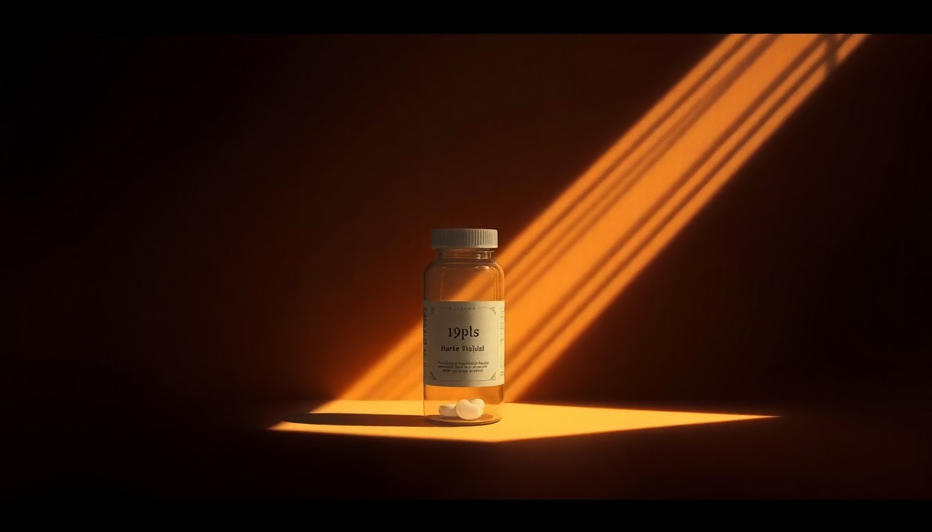 A close-up painting of a solitary pill bottle on a wooden table, with warm light and deep shadows creating a contemplative, nostalgic mood around the pharmaceutical product.