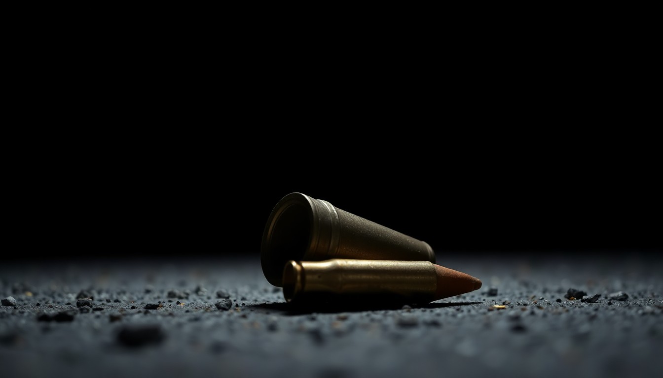 An extreme close-up photograph of a single spent shell casing on the ground, the metallic texture and dramatic shadows creating a stark, gritty investigative aesthetic.
