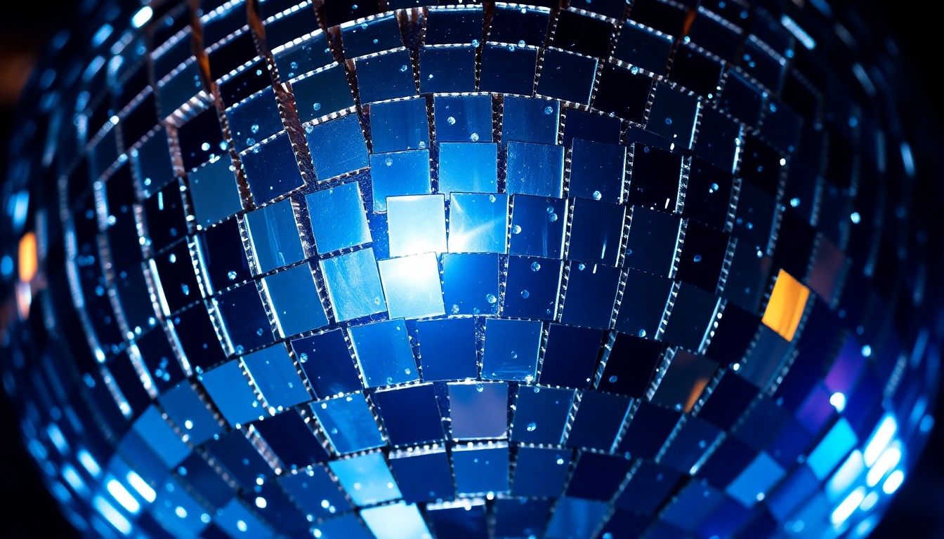 An extreme close-up photograph of shattered glass shards from a disco ball, reflecting dramatic, high-contrast studio lighting to capture the glamorous, high-energy essence of a new dance collaboration.