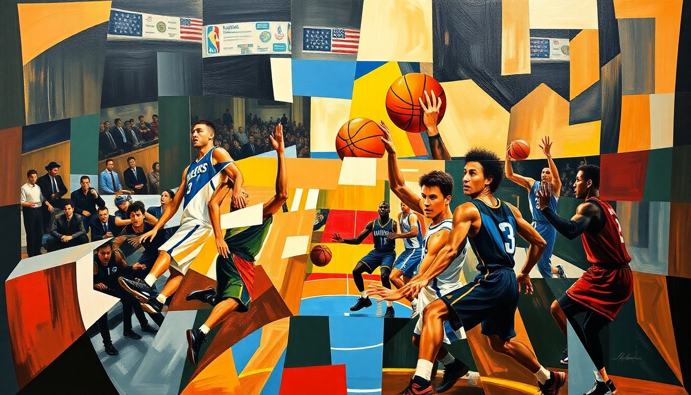 A cubist, geometric painting depicting the dynamic movements and energy of a basketball game, with players and the ball fragmented into sharp, overlapping shapes and planes.