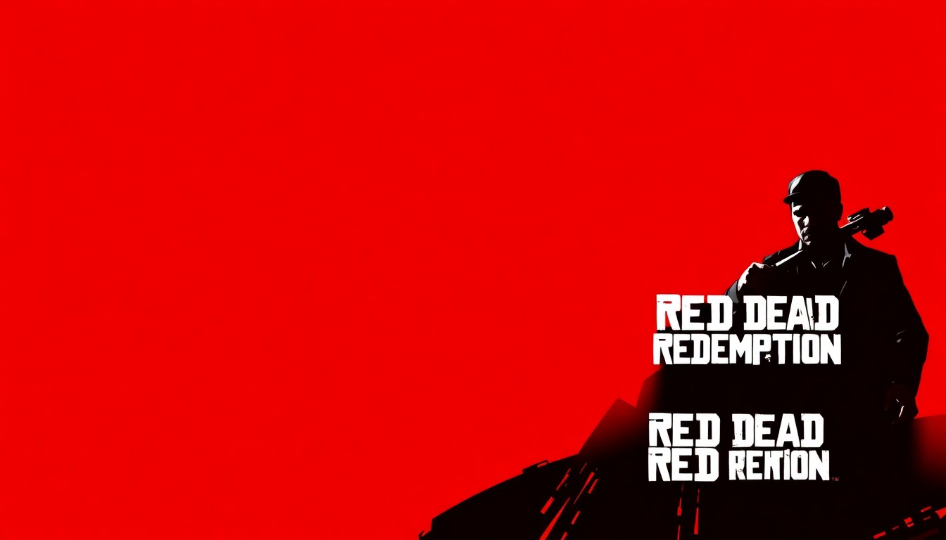 An abstract, minimalist illustration featuring stark, angular shapes in red, black, and white, conceptually representing the cinematic action and open-world exploration of Rockstar's acclaimed game franchises.