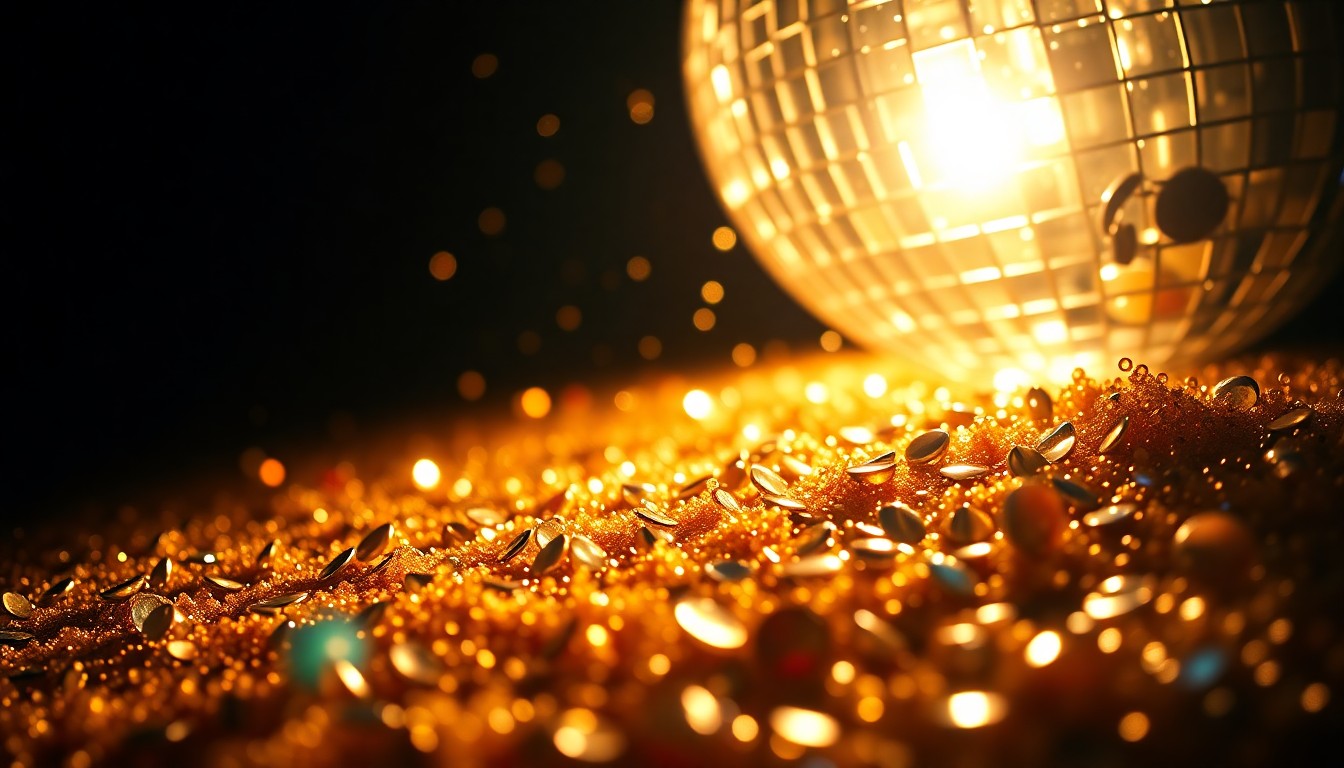 An abstract close-up photograph featuring a dramatic, high-contrast composition of shimmering sequins and glittering disco ball fragments, conceptually representing the celebratory energy of Ringo Starr's musical legacy.