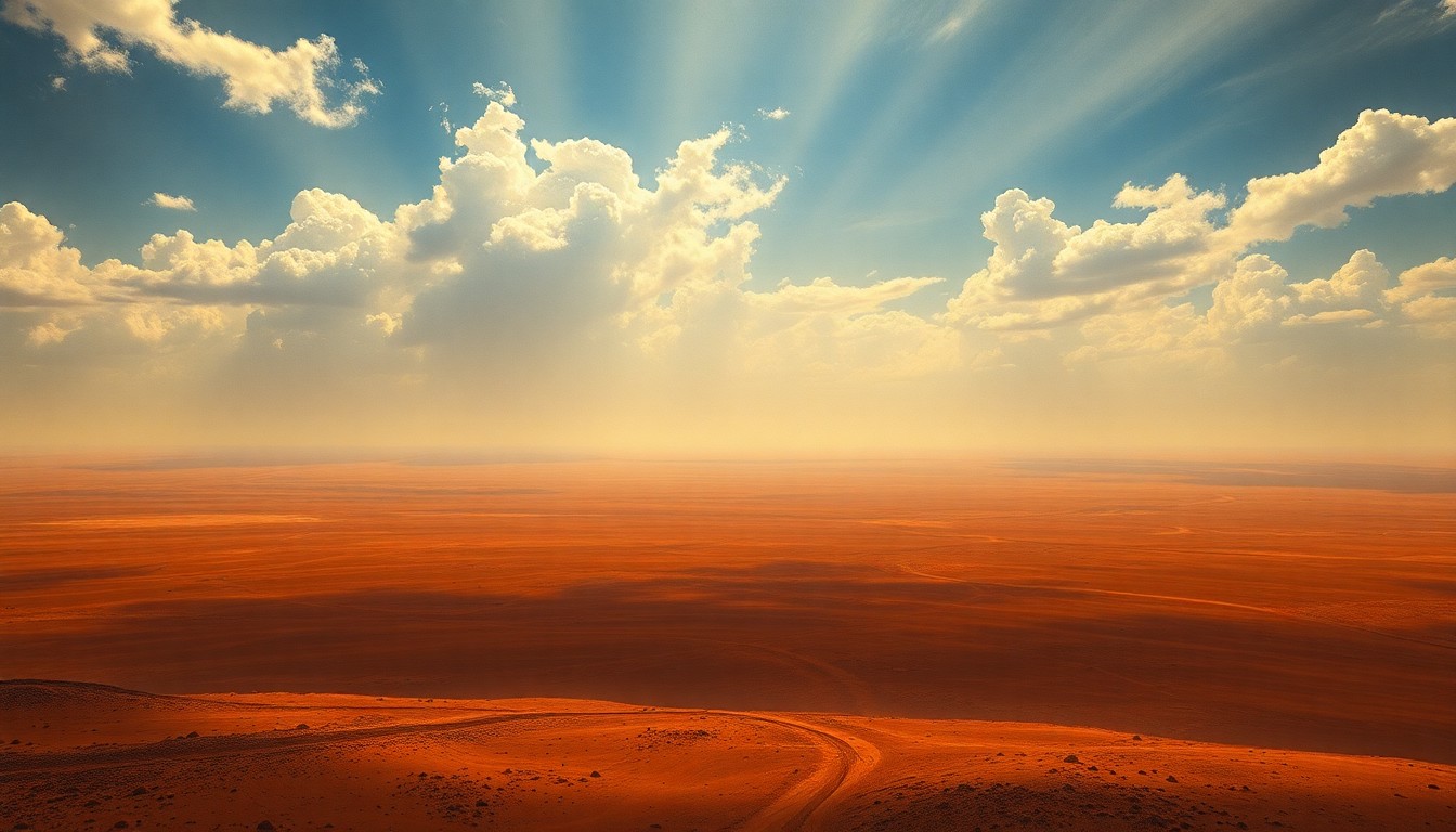 A vast, arid desert landscape painting in muted earth tones, with a shimmering, hazy horizon and a relentless, cloudless sky, conveying the overwhelming, sublime scale of extreme heat.