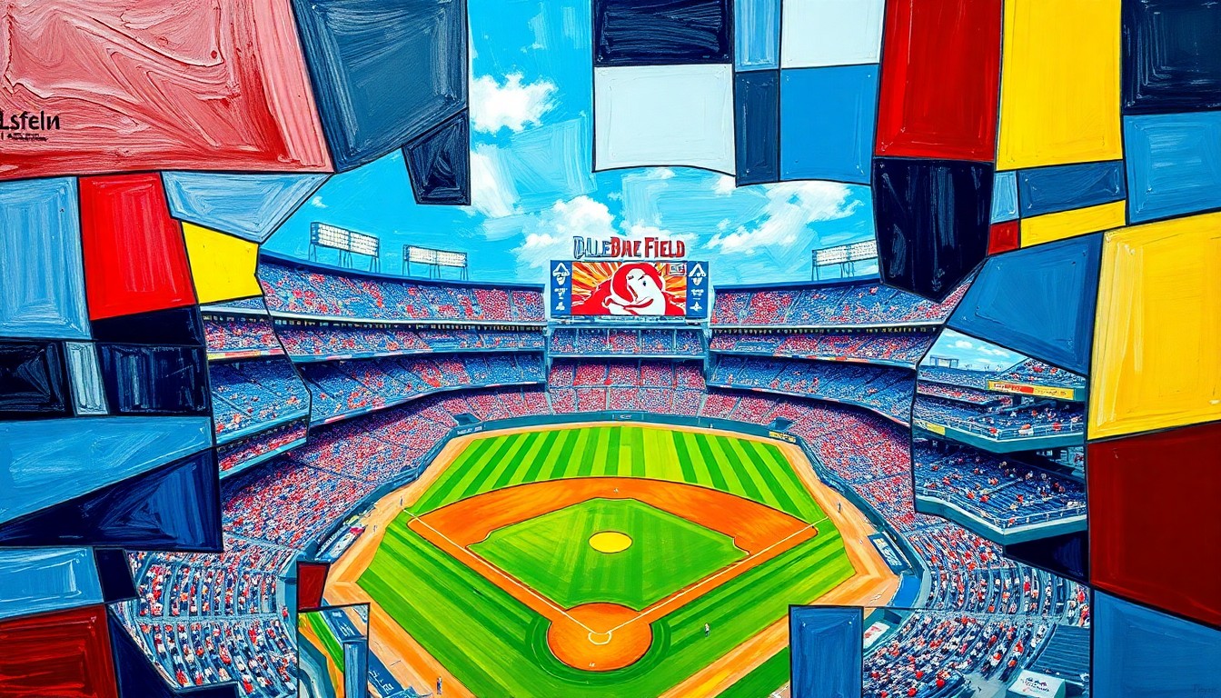 A fragmented, geometric painting depicting a baseball game at Globe Life Field, with sharp, overlapping planes of color representing the dynamic action on the field.