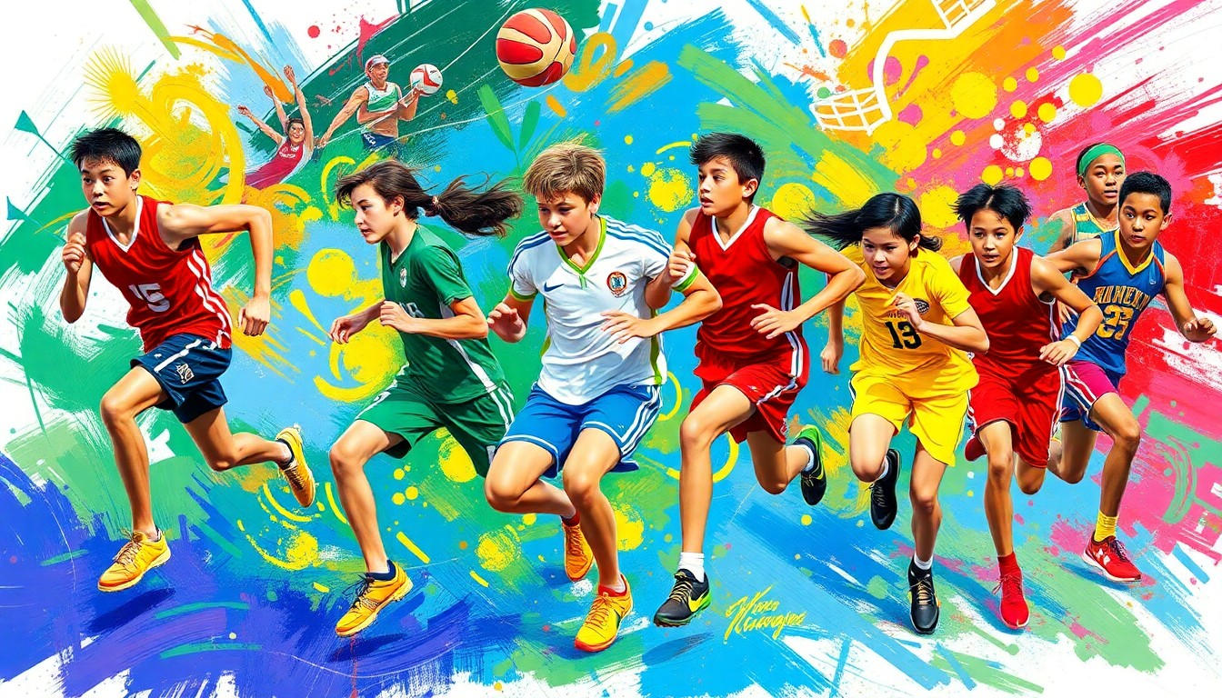 An abstract, expressionist painting featuring dynamic, neon-colored brushstrokes and shapes that evoke the movement and energy of young athletes participating in a variety of sports.
