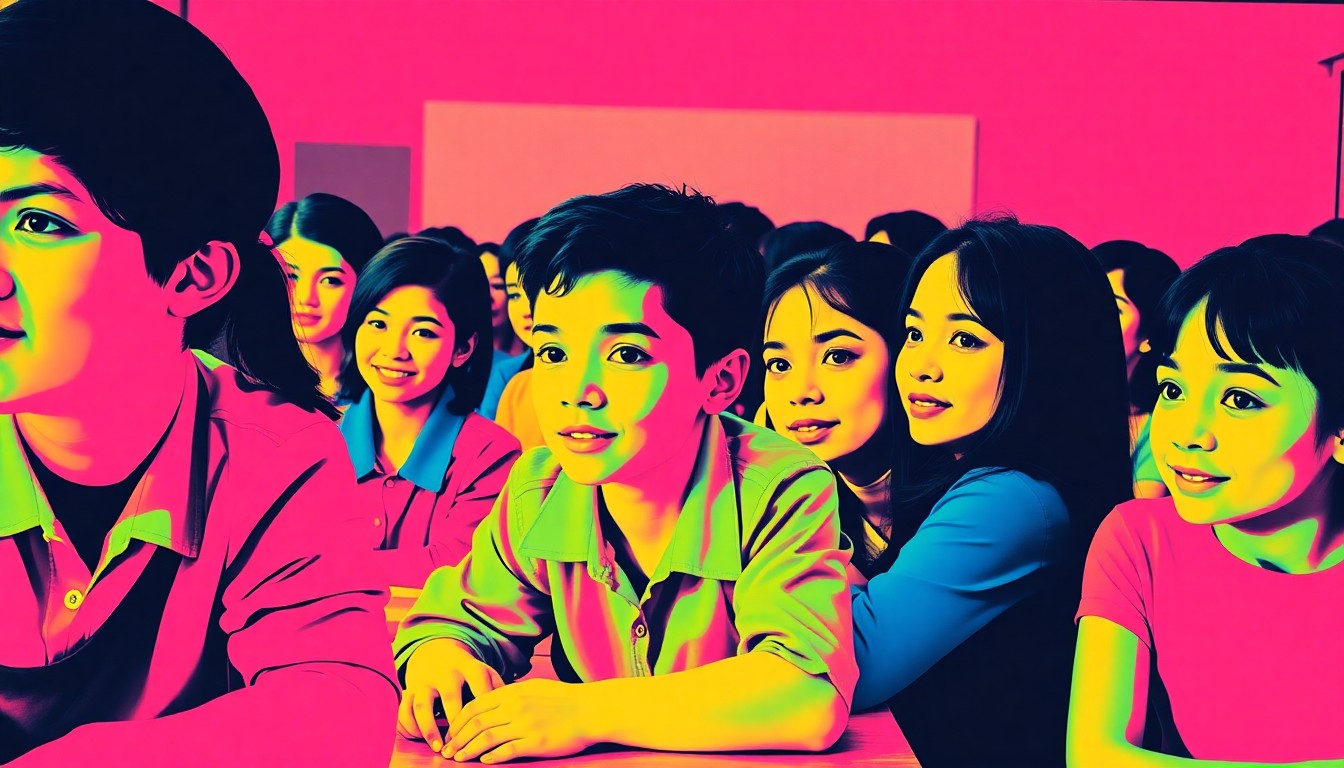 A highly stylized, vibrant silkscreen print depicting a group of students in a classroom setting, rendered in a bold, abstract pop art style with overlapping neon colors and heavy black outlines, conveying the energy and creativity of an educational field trip experience.