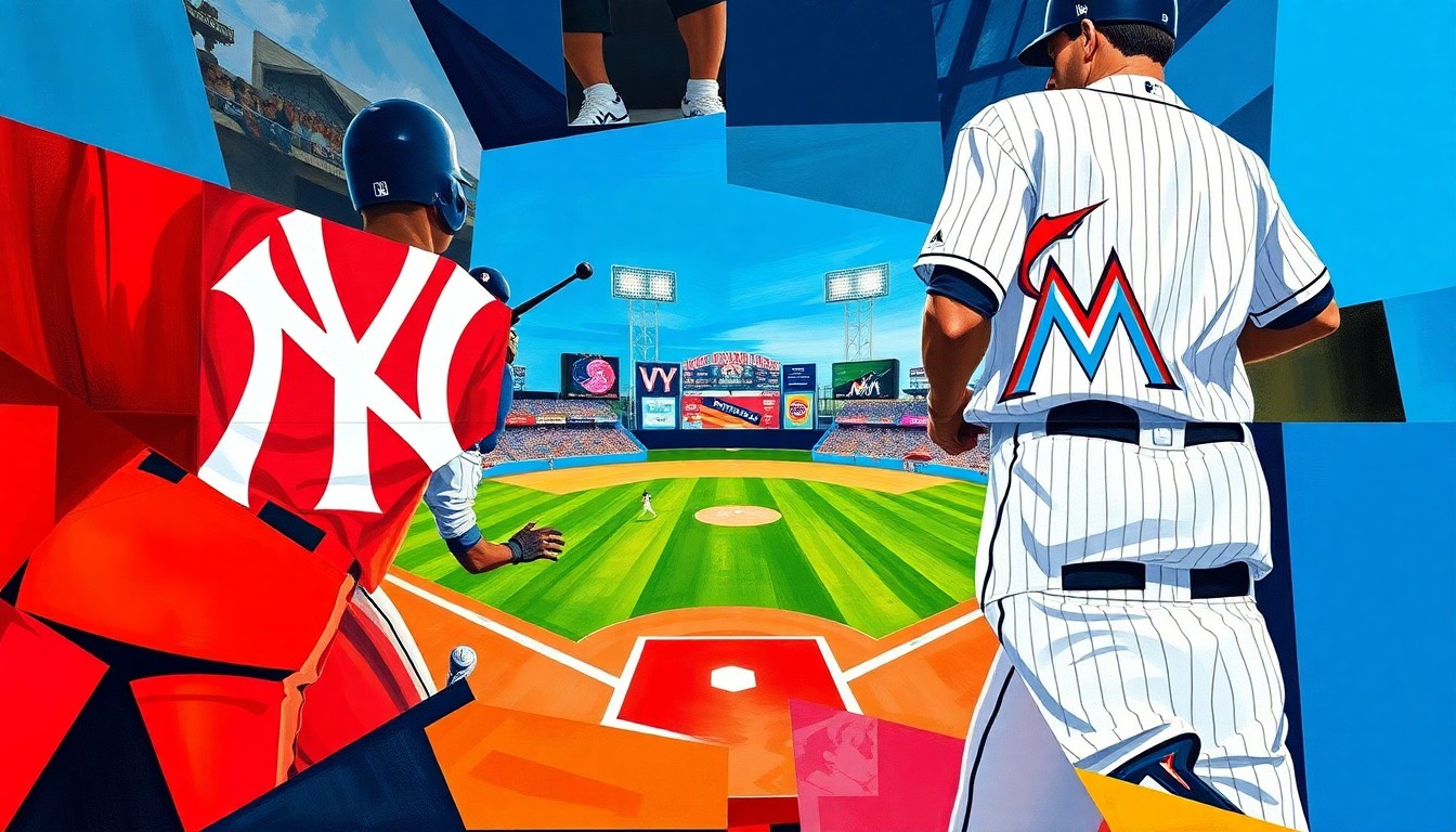A fragmented, geometric painting in bold colors depicting a baseball game between the New York Yankees and Miami Marlins, with overlapping shapes and planes representing the dynamic action on the field.