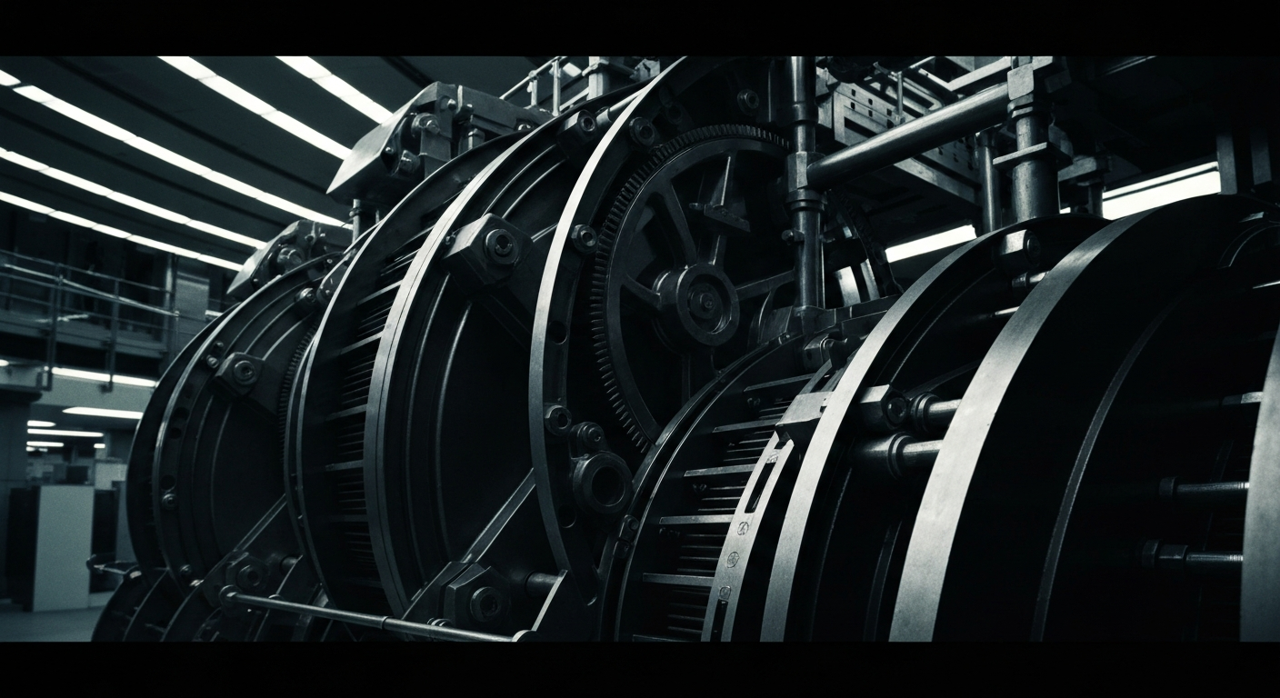 An extreme close-up of the gears, levers, and polished metal components of an industrial banking or financial machine, captured in high contrast to convey a sense of the complex infrastructure underlying the modern economy.