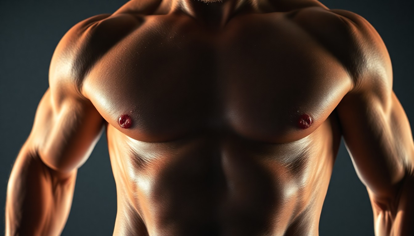 An extreme close-up photograph of a muscular male torso with defined abs and pectorals, captured in dramatic, high-contrast studio lighting to create a glamorous, high-fashion aesthetic.