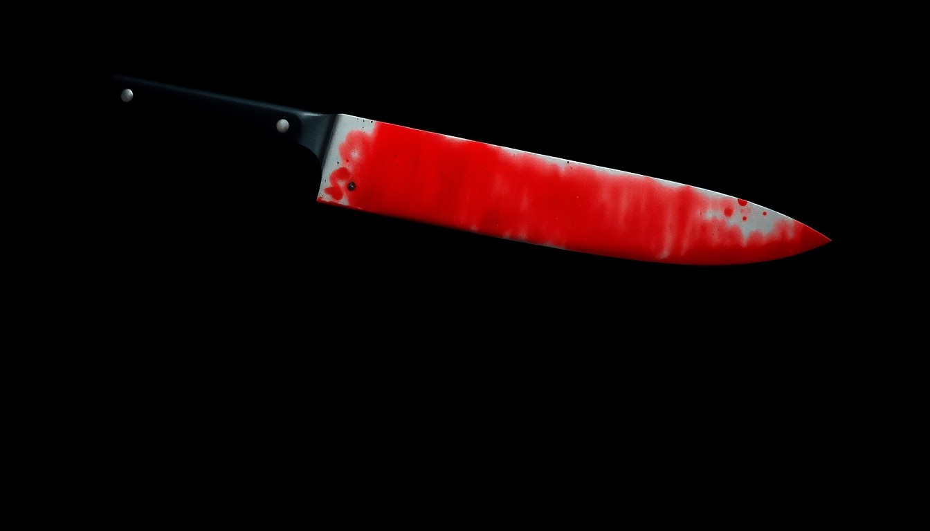 An extreme close-up of a bloodied knife blade reflecting a faint red light, conceptually illustrating the violence of a fatal stabbing incident.