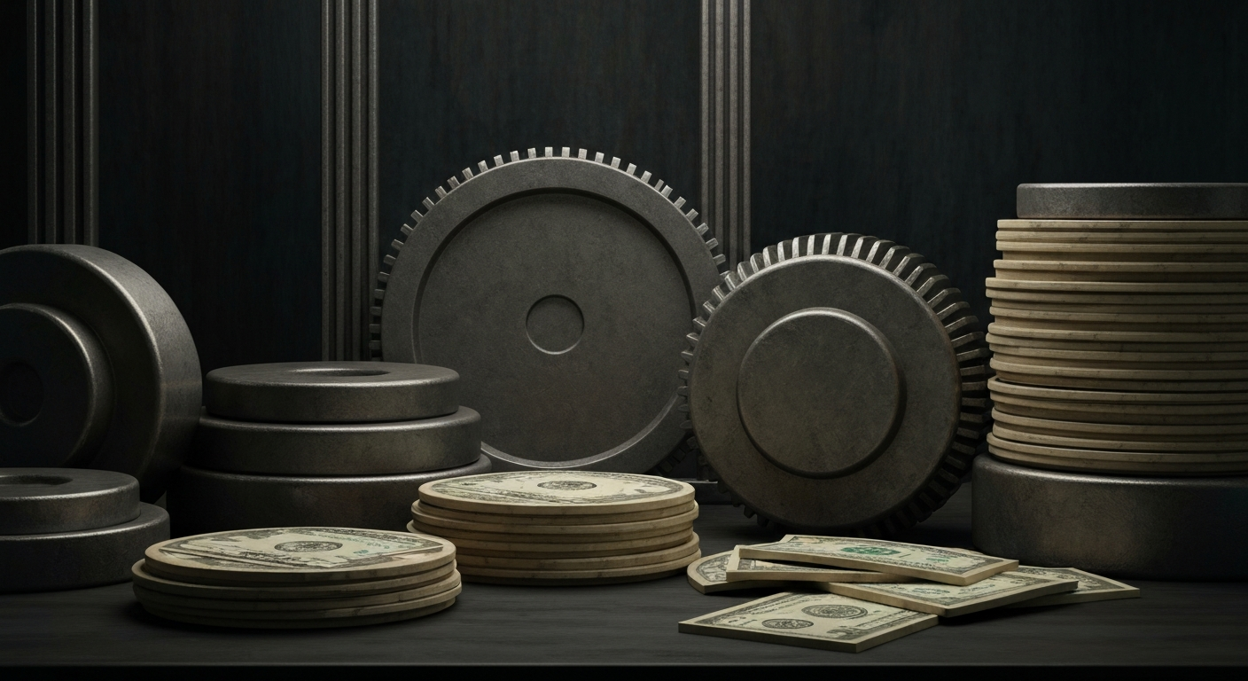 An extreme close-up of gears, levers, and other heavy industrial machinery, conveying the tangible, physical nature of banking and finance without depicting any literal currency or financial symbols.