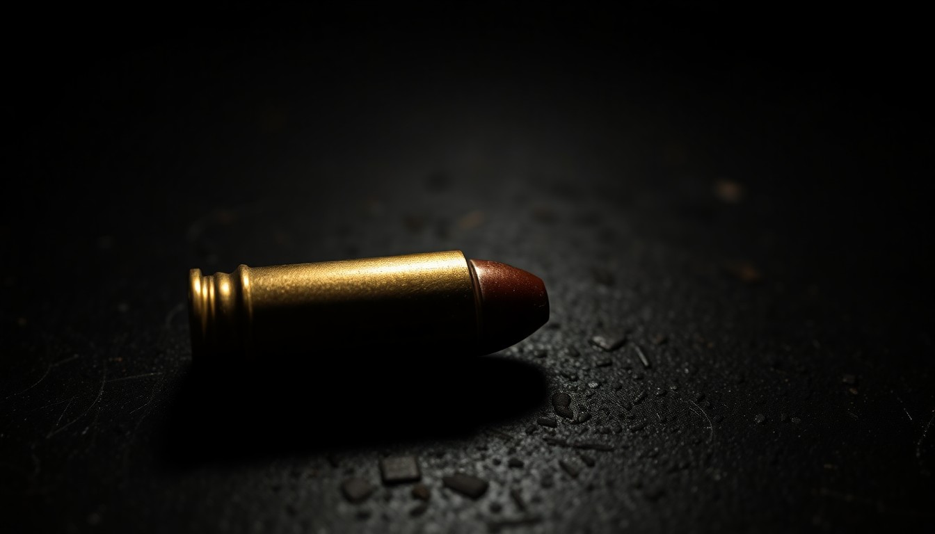 An extreme close-up photograph of a single spent shell casing on a dark, textured surface, lit by a harsh, direct camera flash, conceptually representing the aftermath of a violent crime.