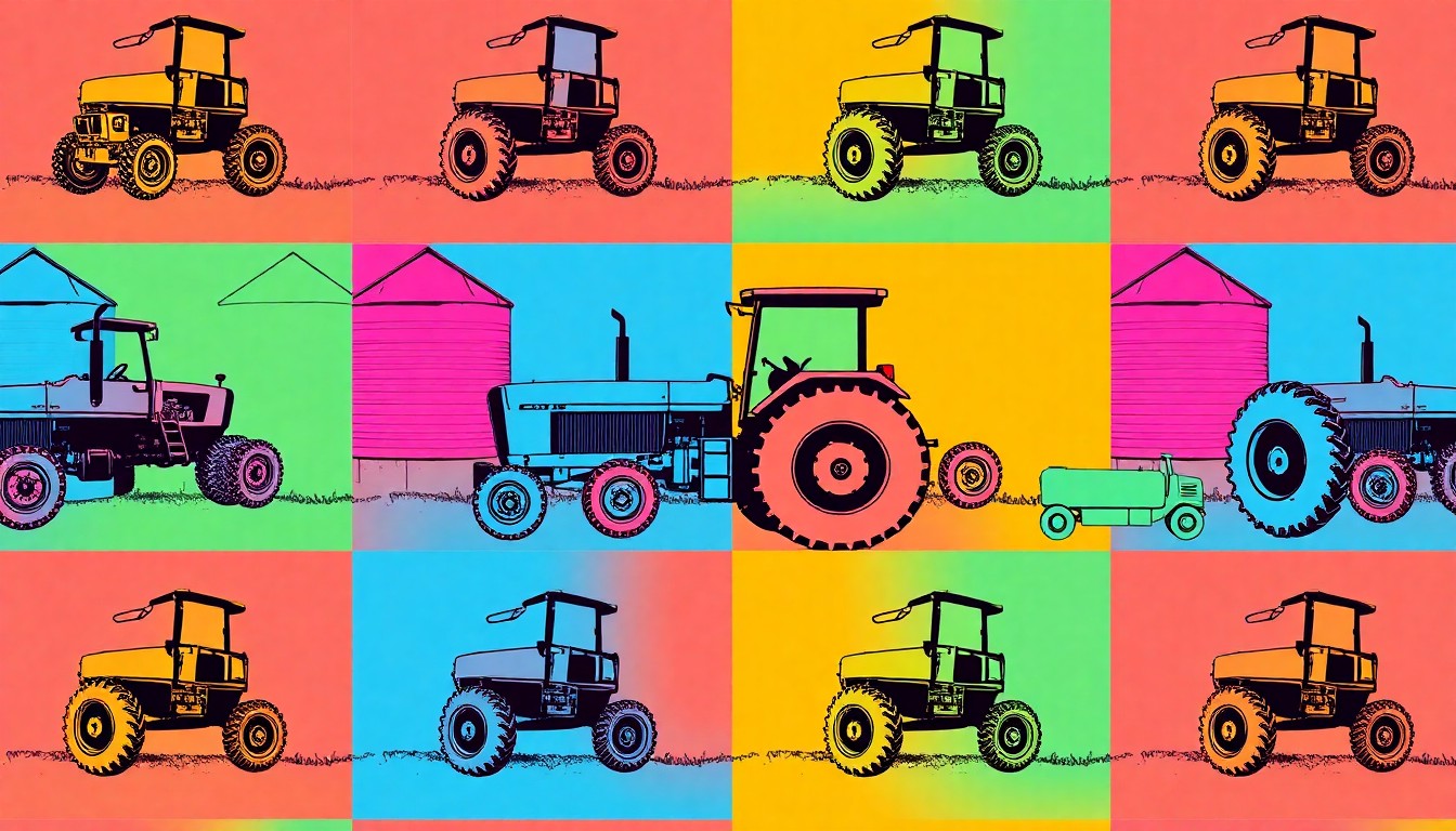 A silkscreen-style illustration featuring a repeated pattern of a tractor, rendered in bright neon colors and heavy black outlines, conceptually representing the agricultural focus of the new partnership between South Georgia State College and the University of Georgia Tifton Campus.