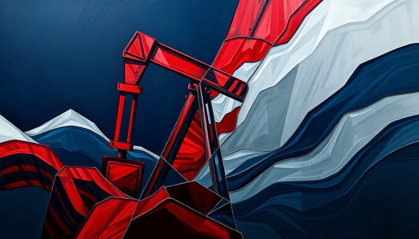 A highly abstract, fragmented painting depicting an oil pump jack in overlapping geometric shapes and waves of deep navy, crimson red, and metallic silver, conveying the disruption and volatility of the conflict's impact on energy markets.