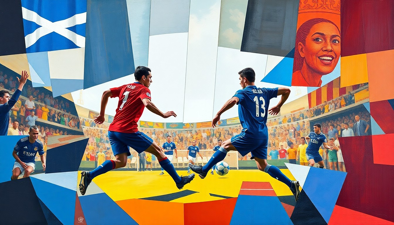 A fractured, multi-perspective painting in bold, geometric shapes and planes of color, capturing the energy and movement of a football match between two national teams.