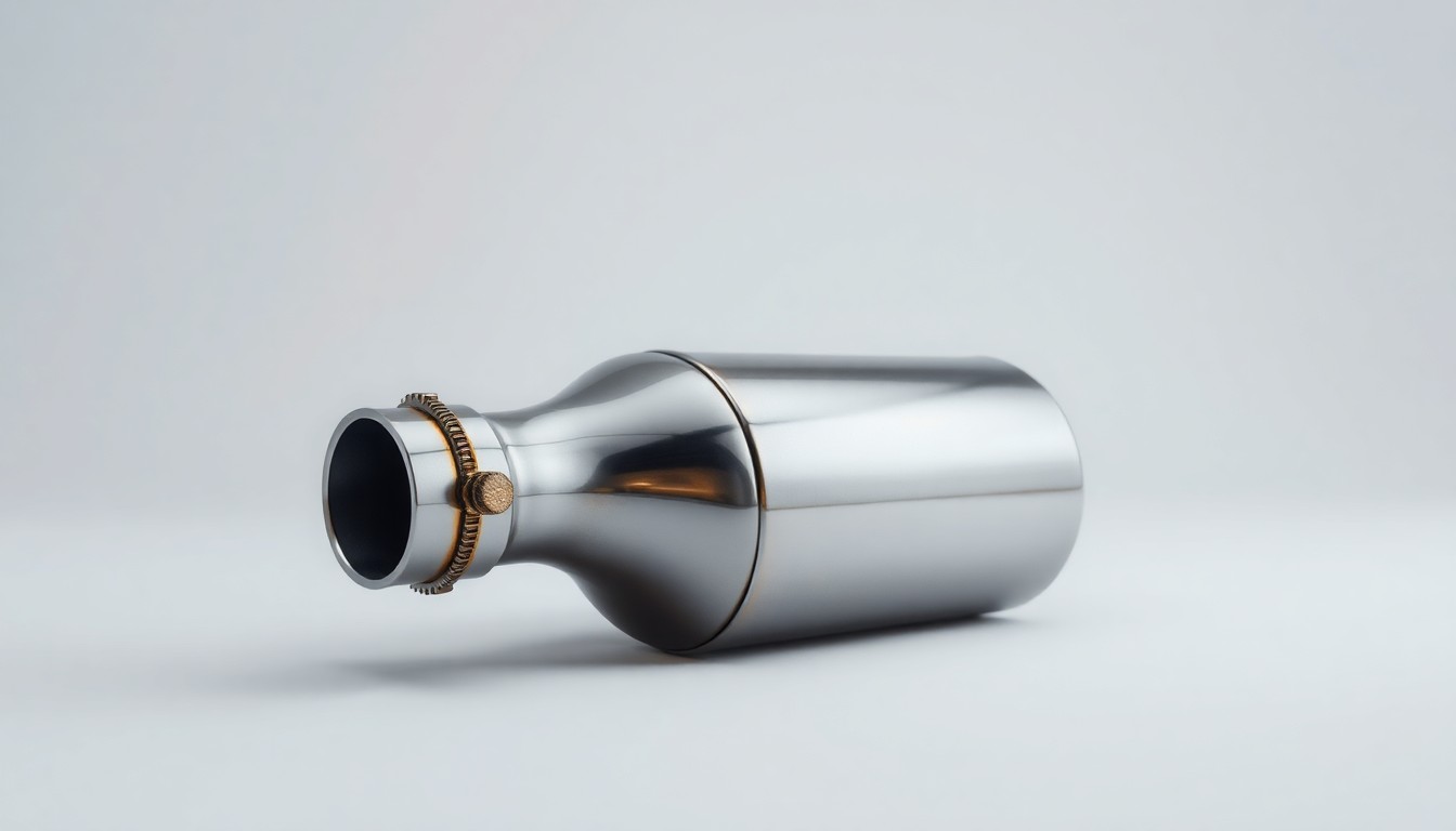 A highly detailed, photorealistic studio photograph of a polished metal tractor exhaust component, arranged elegantly on a clean, monochromatic background and illuminated with dramatic studio lighting, conceptually representing the regulatory changes to emissions control systems.