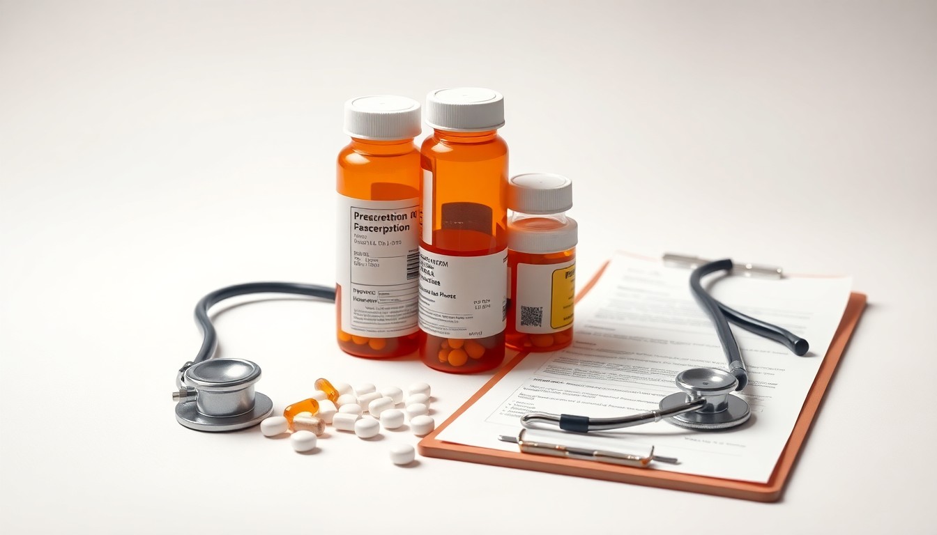 A photorealistic studio still-life featuring a stack of prescription pill bottles, a stethoscope, and a clipboard with medical forms, symbolizing the business of rural pharmacy operations.