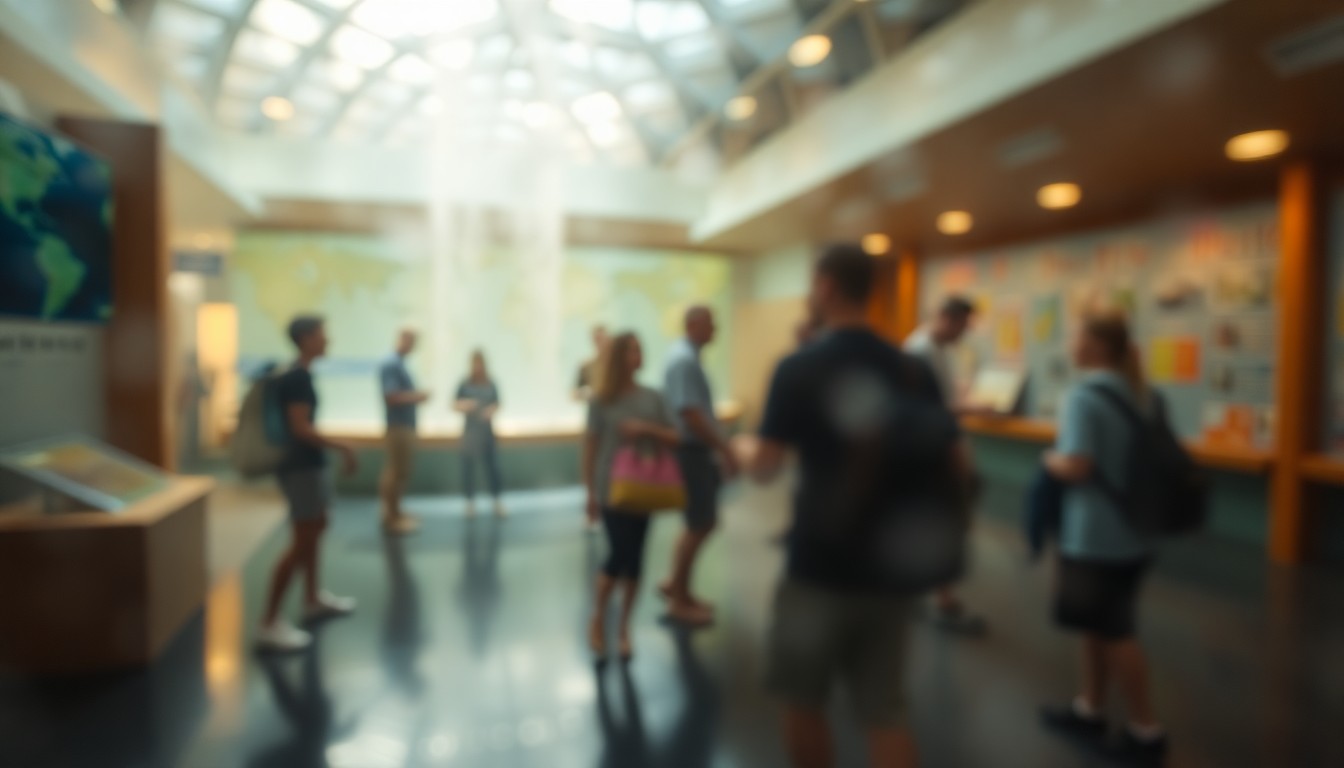 An abstract, out-of-focus photograph depicting blurred, colorful shapes and forms representing people interacting with educational displays about water resources, creating a dreamlike, atmospheric scene.