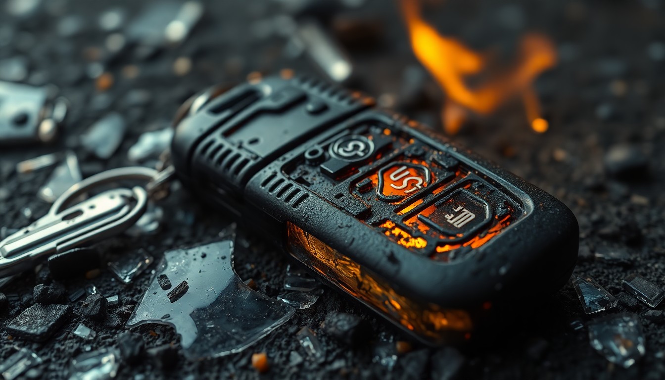 An extreme close-up photograph of a charred car key fob lying on the ground, partially obscured by shattered glass, conceptually illustrating the aftermath of a high-speed police chase and fiery crash.
