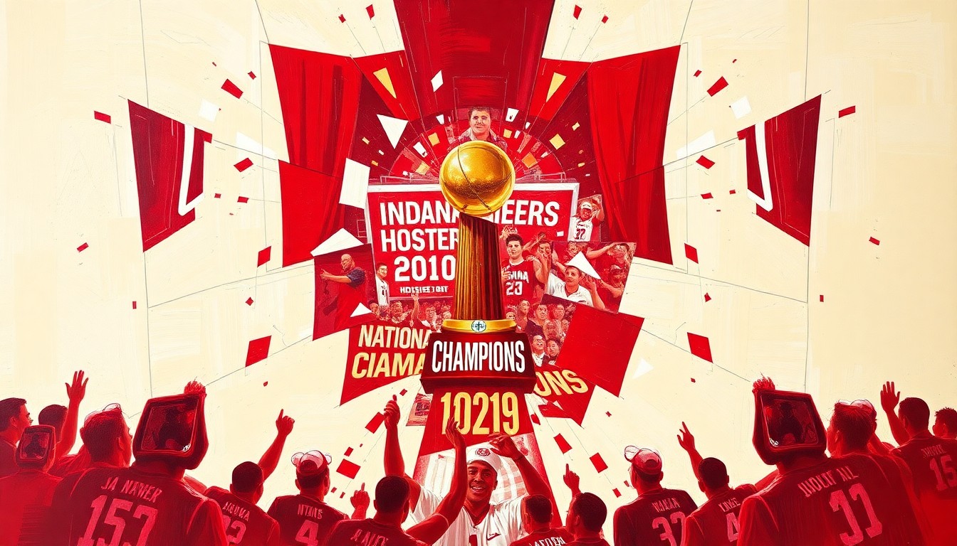 A cubist, geometric painting in bright crimson and cream colors, depicting an abstract scene of Indiana's national championship trophies on display and surrounded by a crowd of enthusiastic fans.