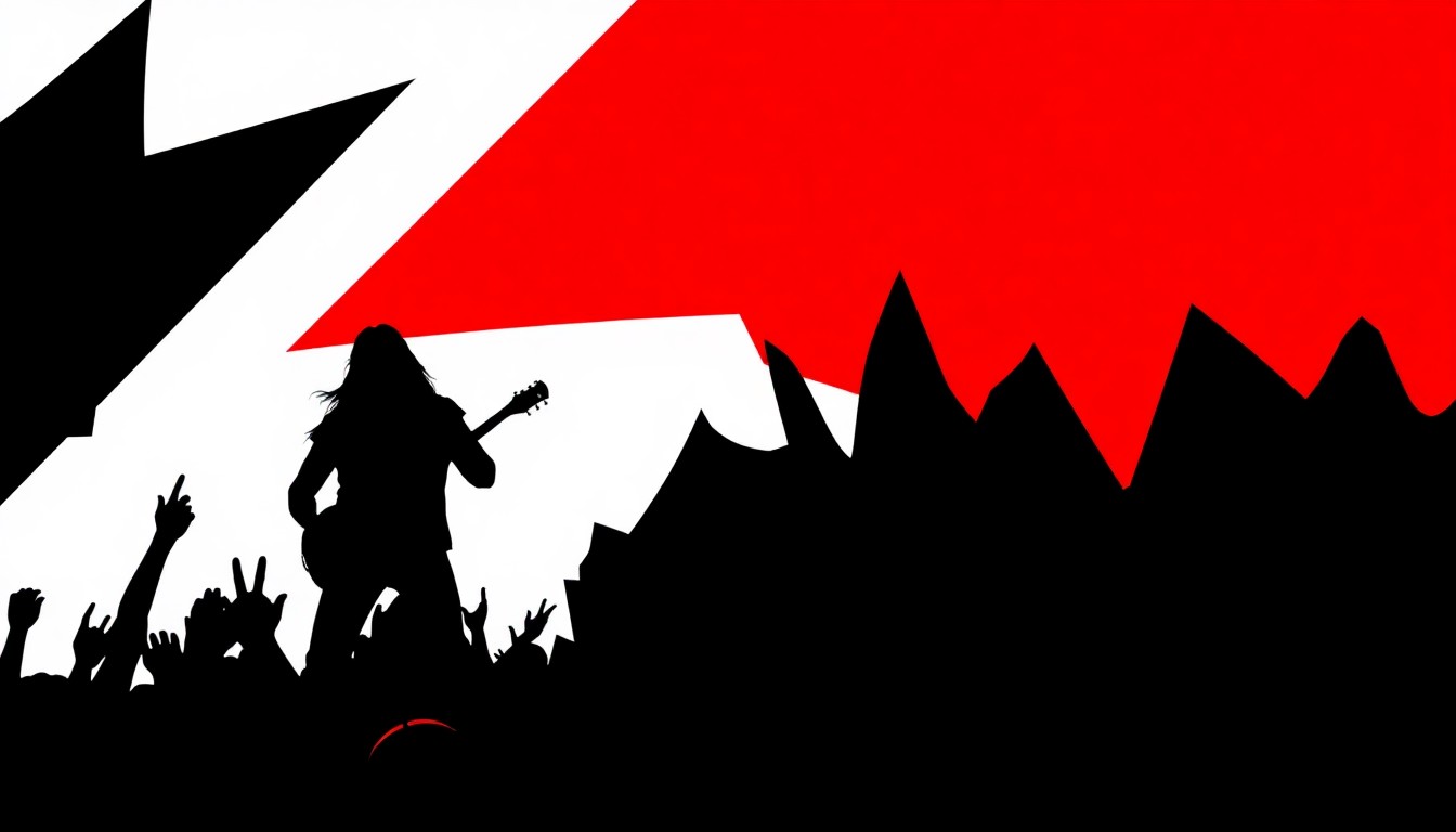A striking, abstract illustration featuring bold, jagged shapes and silhouettes in high-contrast colors, capturing the energy and spirit of a heavy metal music festival.