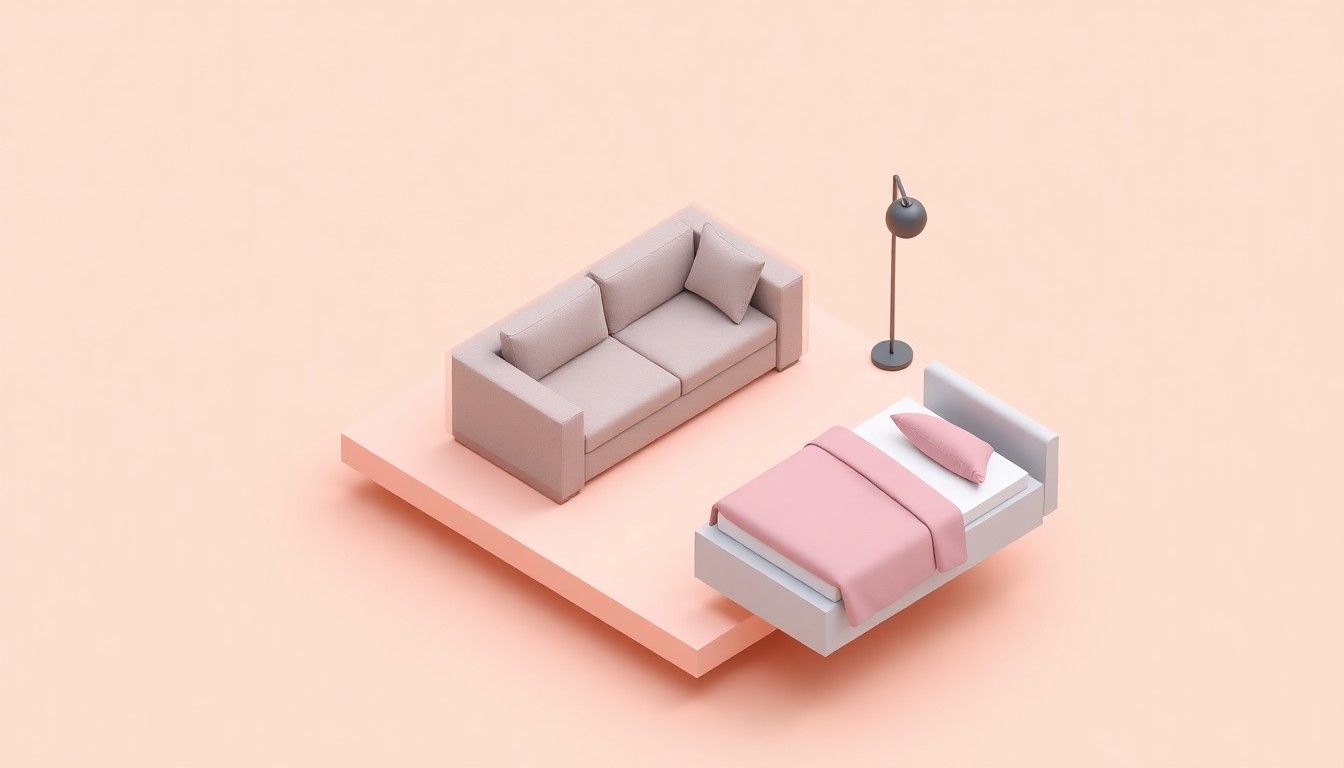 An isometric 3D illustration depicting a minimalist living room scene with a JASIWAY Sleeper Sofa Chair in the center, showcasing its ability to transform between an upright accent chair, reclining lounge, extended chaise, and full guest bed, representing the versatility of multifunctional furniture designs.