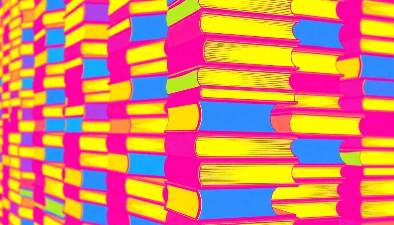A bold, colorful silkscreen-style illustration featuring a repeating grid of stacked textbooks in vibrant shades of pink, yellow, and blue, conceptually representing the educational impact of Catholic Education Arizona's scholarship programs.