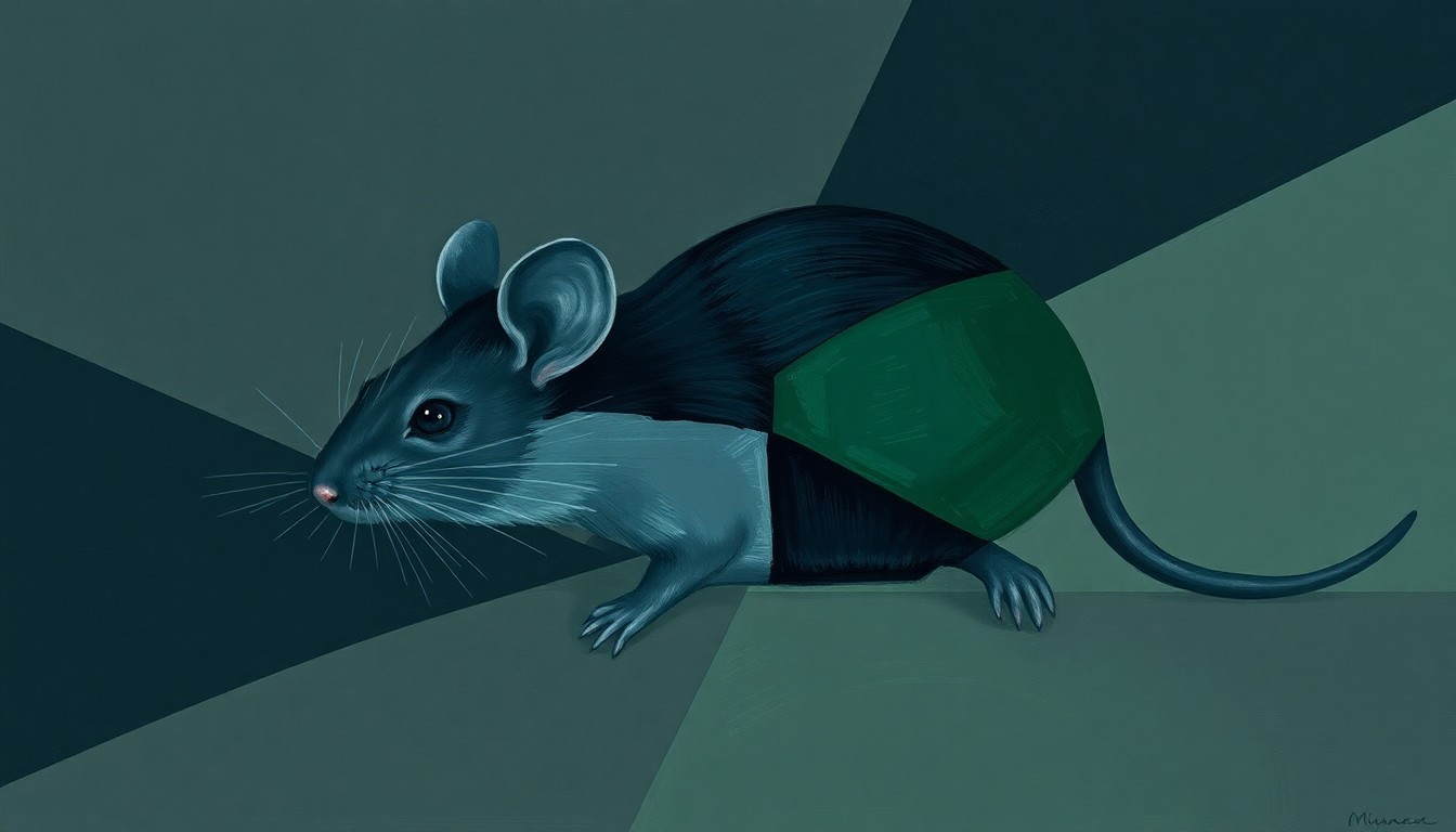 A fractured, abstract painting of a mouse in overlapping geometric shapes and muted colors, conveying the disturbing nature of transgender experiments on animals.