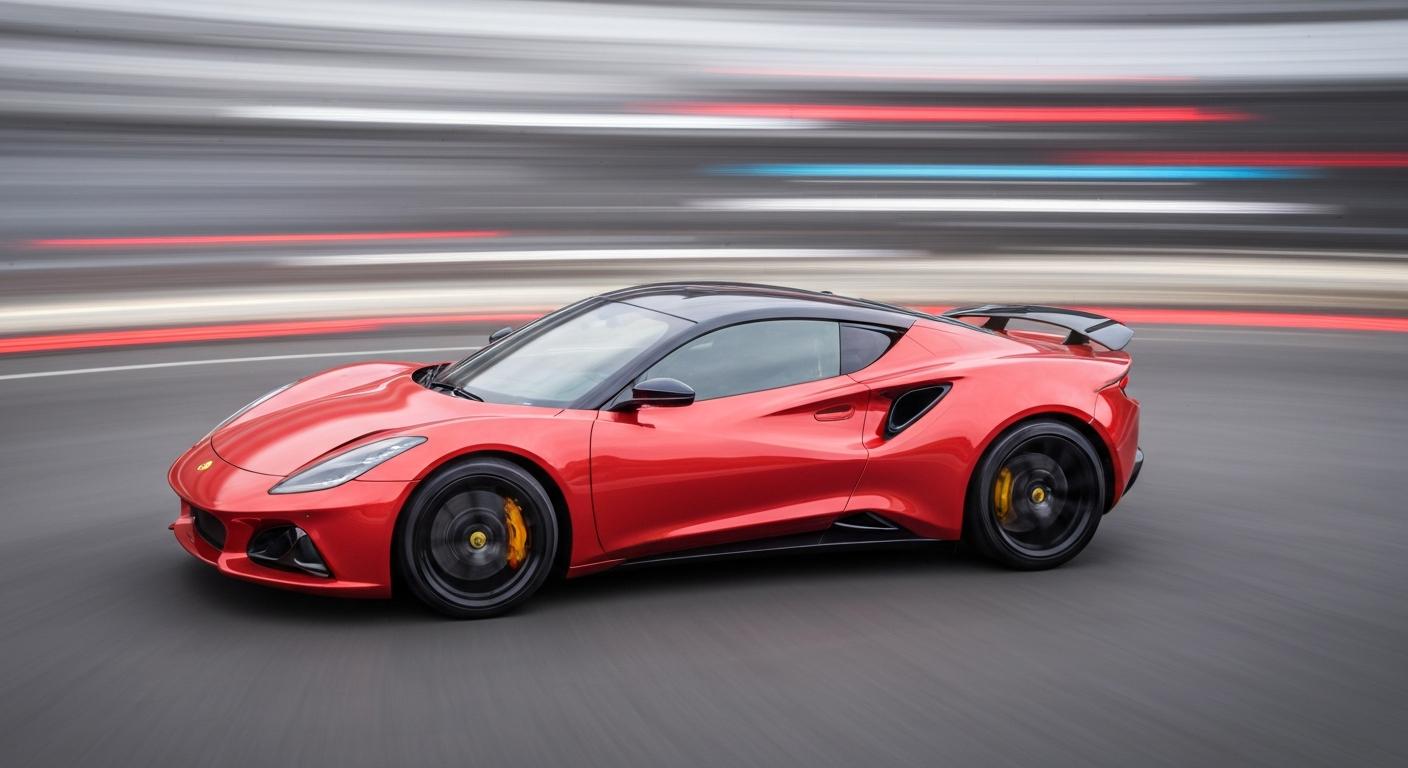 An abstract, blurred image of a Lotus Emira sports car in motion, with vibrant streaks of color representing the vehicle's speed and power.
