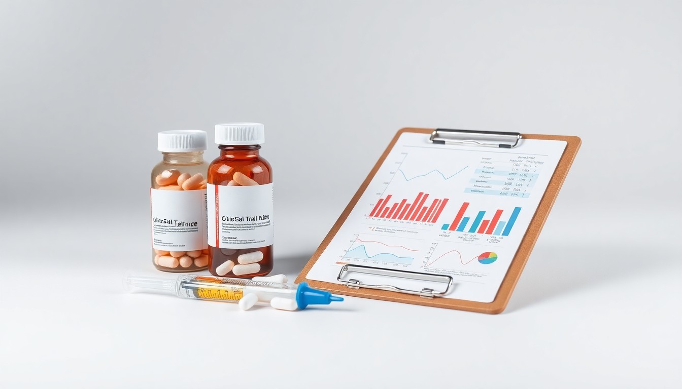 A photorealistic studio still life featuring medical supplies and data visualization tools, conceptually representing the research and development work of a pharmaceutical company.