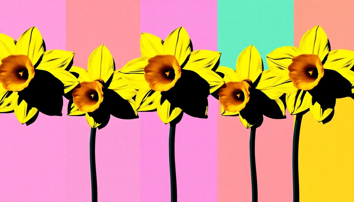 A bold, colorful silkscreen-style illustration featuring a repeating grid of stylized daffodil flowers in bright neon shades of yellow, orange, and pink, conceptually representing the celebratory energy of the spring daffodil season in Connecticut.