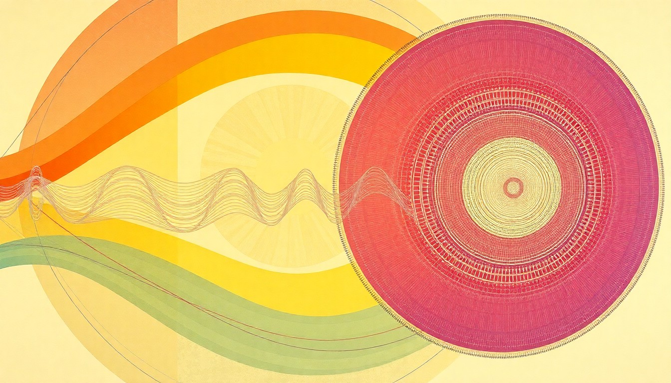 A highly textured, abstract painting in soft blues, greens, and grays, featuring sweeping geometric arcs, concentric cellular structures, and precise molecular spirals, conceptually representing the innovative collaboration between OneCyte and Kemp Proteins to advance cell line development for next-generation biologics.