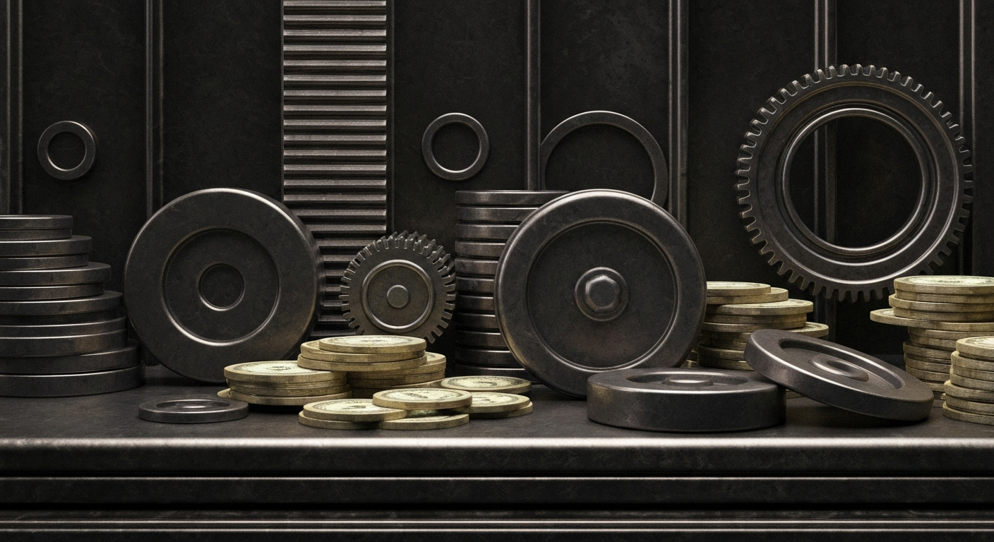An extreme close-up of industrial machinery and equipment, conveying the heavy, physical nature of the financial sector without depicting any literal currency or charts.