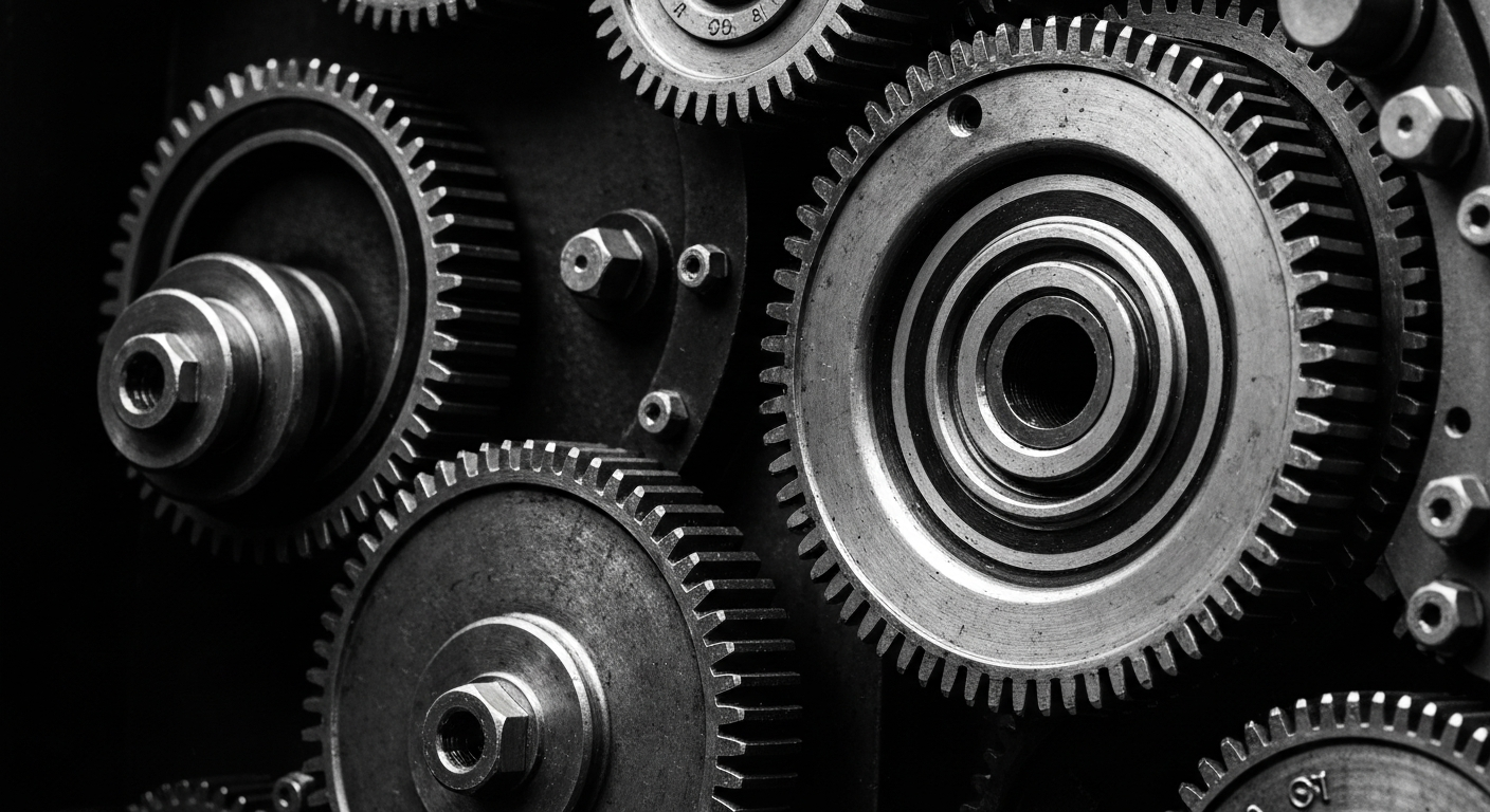 An extreme close-up of highly detailed, interlocking metal gears and cogs, conceptually representing the complex infrastructure and machinery of the financial industry.