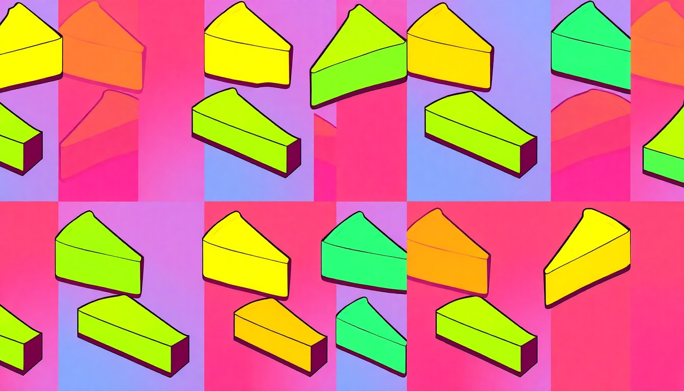 A vibrant, high-contrast silkscreen illustration of a single, iconic cheesecake slice repeated in a grid pattern, using bold neon colors and heavy black outlines to transform the everyday dessert into a modern pop art piece.