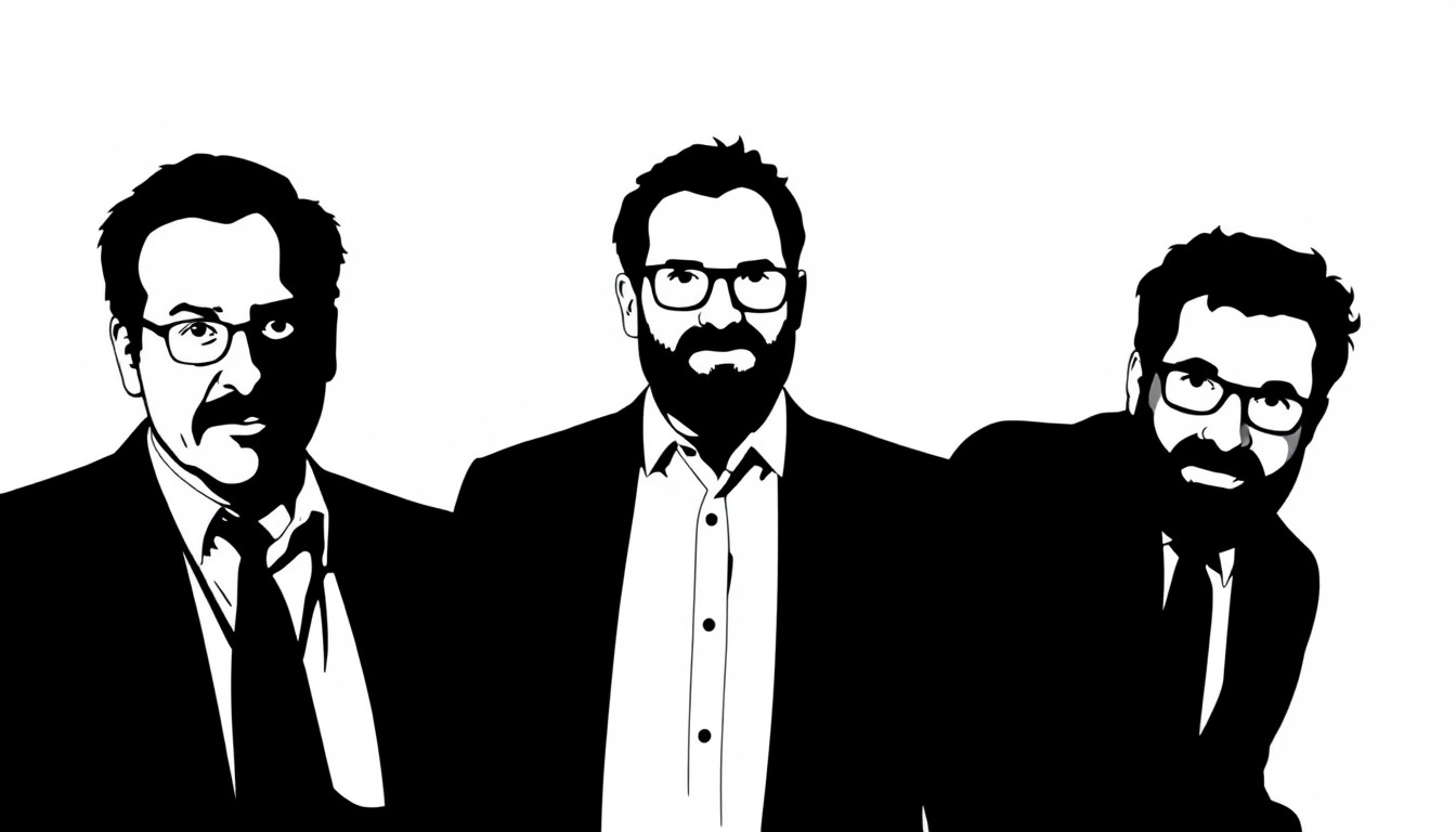 An abstract, minimalist illustration featuring stark black silhouettes of three comedians against a plain white background, conceptually representing the iconic comedic personas of the festival's headliners.