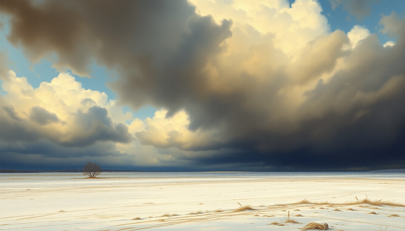 A sweeping, atmospheric landscape painting in muted tones of gray, white, and blue, depicting a snow-covered field under a dramatic, cloudy sky. The scene conveys the overwhelming scale and power of the natural world, with the snowy field dwarfed by the looming, turbulent clouds above.