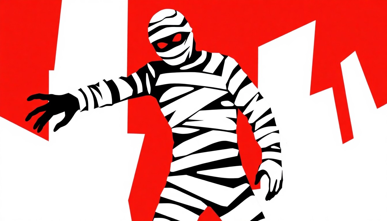 A striking abstract composition of jagged black silhouettes and bold red and white geometric shapes, conceptually representing the iconic Ben Cooper Mummy costume design.