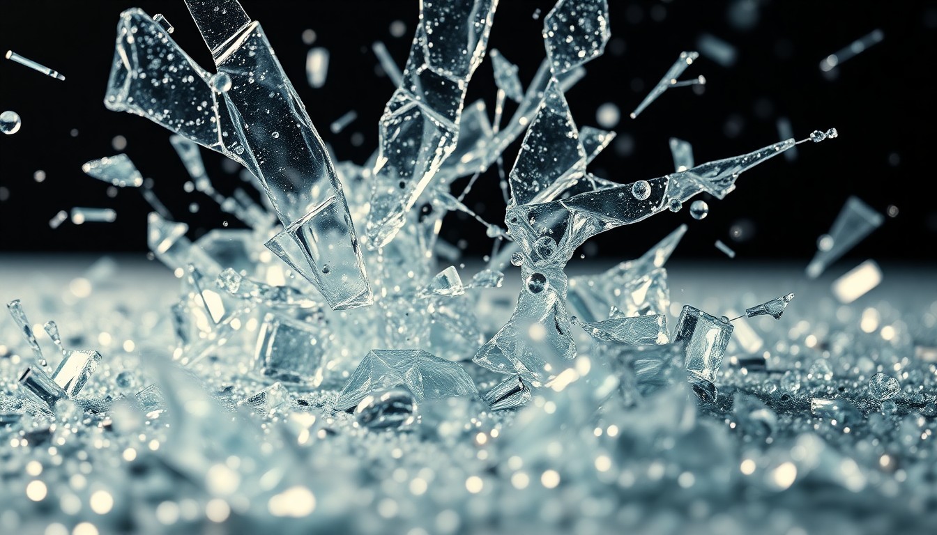 An abstract close-up image featuring shattered glass and glittering sequins in high-contrast studio lighting, conveying the glamour and drama of the film's subject matter.