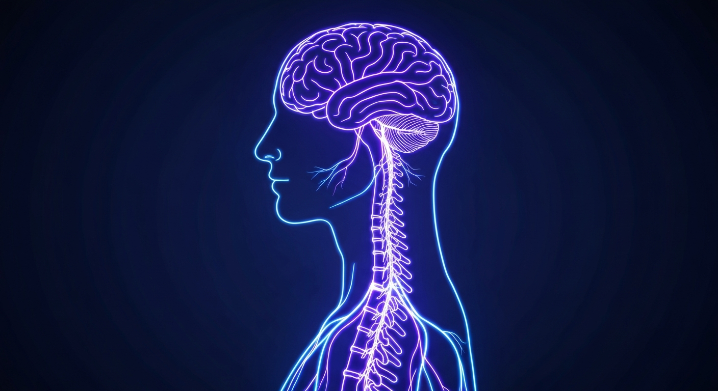 A minimalist design in the style of Keith Haring where the human nervous system is defined entirely by glowing, vibrant neon lines against a deep, dark background, emphasizing the shape and electricity of the body's regulatory pathways.