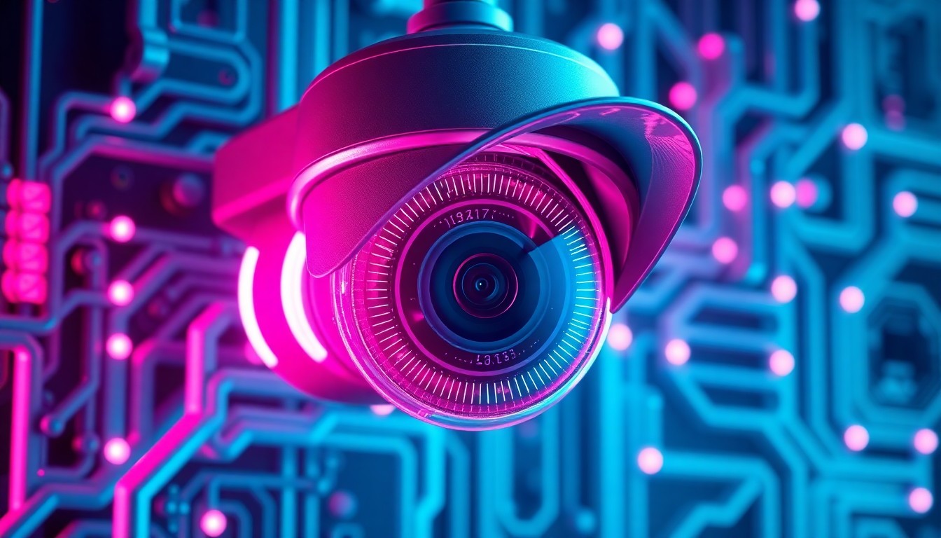 A highly detailed, 3D macro illustration of a glowing, futuristic security camera system with intricate circuitry and neon cyan and magenta lights, conceptually representing the advanced AI-powered capabilities of Spot AI's video intelligence platform.