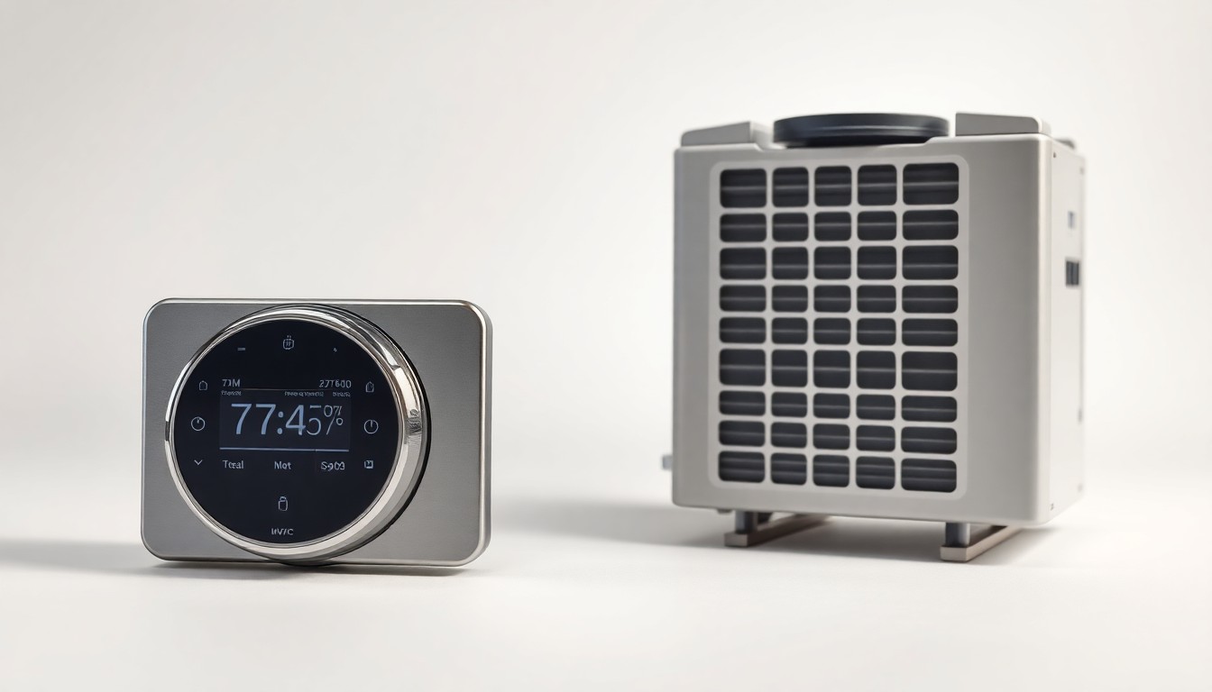 A photorealistic studio still-life photograph featuring a polished, chrome-plated HVAC thermostat and a sleek, modern air conditioning unit compressor, conceptually representing the precision engineering and premium quality of professional HVAC maintenance services.