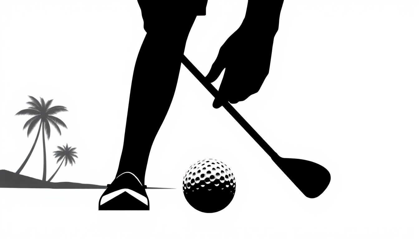 A minimalist, graphic illustration featuring a bold black silhouette of a golf club and ball against a faint outline of a tropical beach, conveying the low-key, relaxed nature of Travis Kelce's upcoming bachelor party.