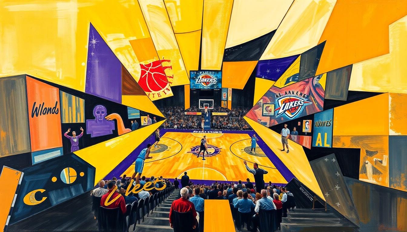 A cubist, geometric painting depicting a fragmented basketball game, with sharp, overlapping planes of color and form representing the intensity and chaos of the Lakers' blowout loss to the Thunder.