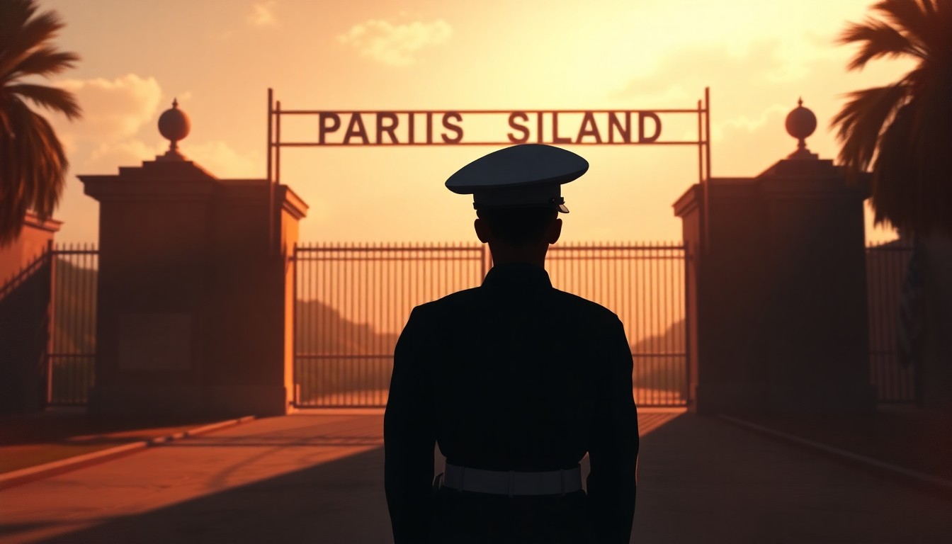 A photorealistic painting depicting a lone Marine recruit standing at attention in front of the Parris Island gates, the scene bathed in warm, diagonal sunlight and deep shadows, conveying a sense of quiet contemplation and military discipline.