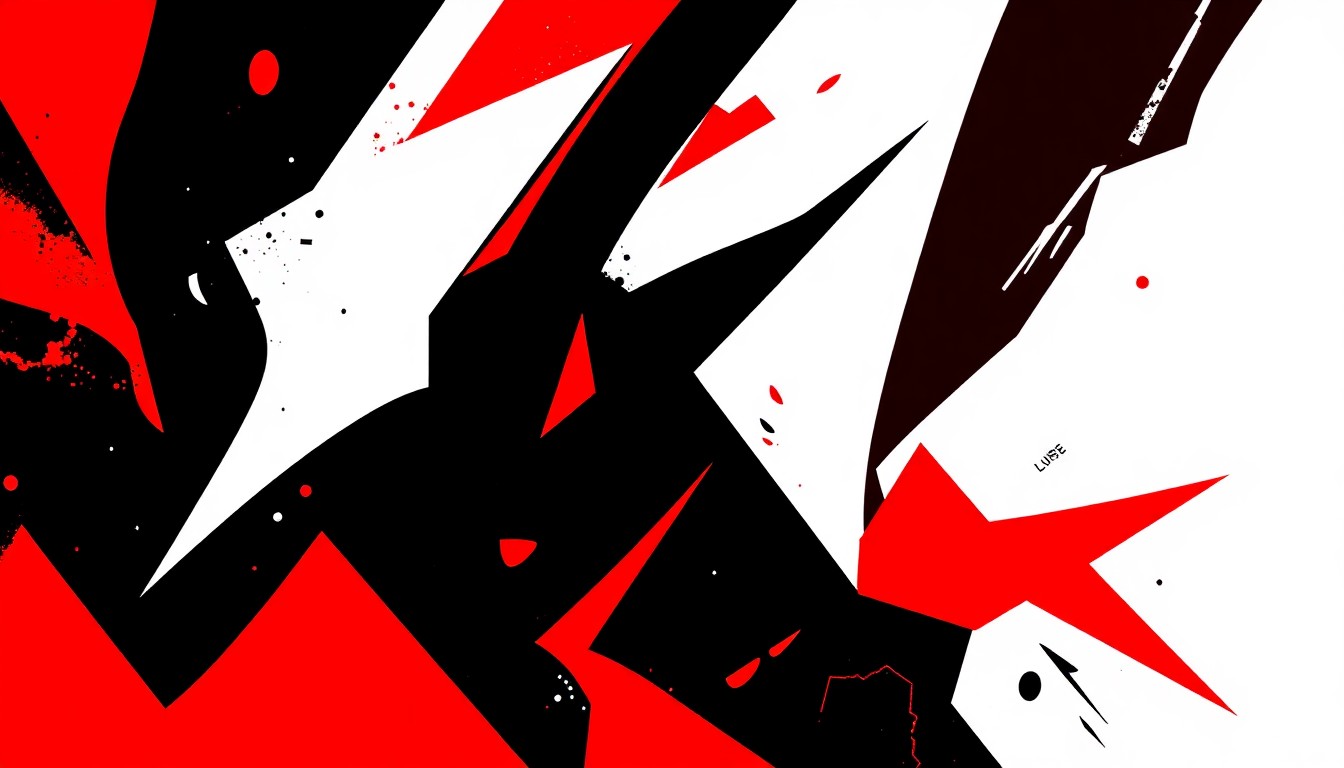 A striking, minimalist illustration using bold, angular shapes in red, black, and white to conceptually represent the energy and excitement of a live music performance.