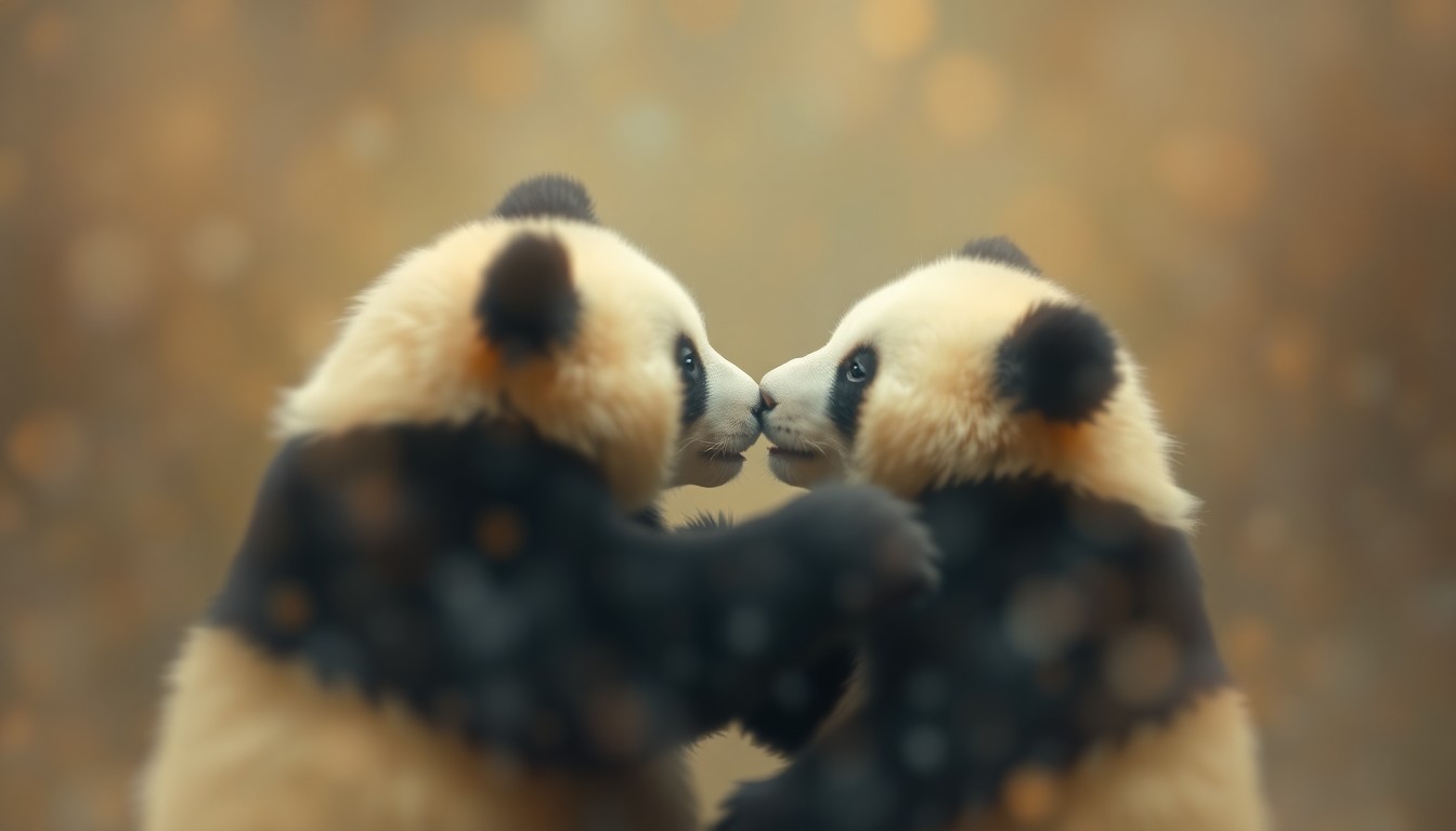 An abstract, impressionistic scene of two blurred, indistinct panda forms interacting playfully in a warm, soft-focused pool of light and color, conveying the growing affection and flirtation between the zoo's giant pandas.